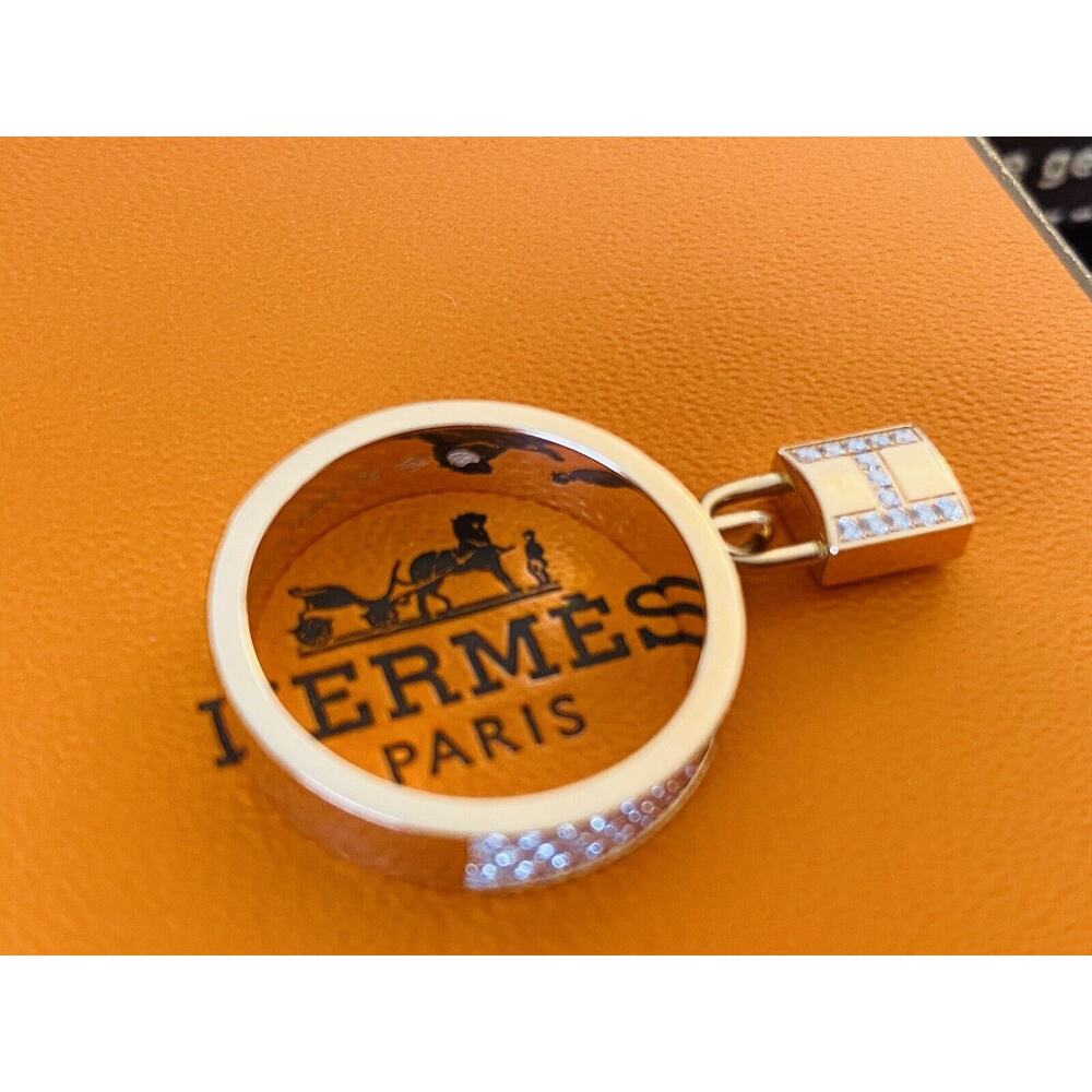 Hermes Kelly Clochette Ring Lock Medium Model Rose Gold 18K Diamonds Siz 54 Rare - Picture 1 of 13
